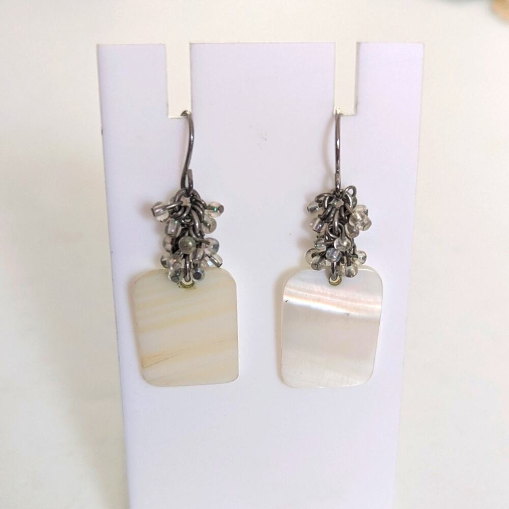Artisan Mother Of Pearl Shell ChaCha Seed Bead Dangle Hook Boho Hippie Earrings